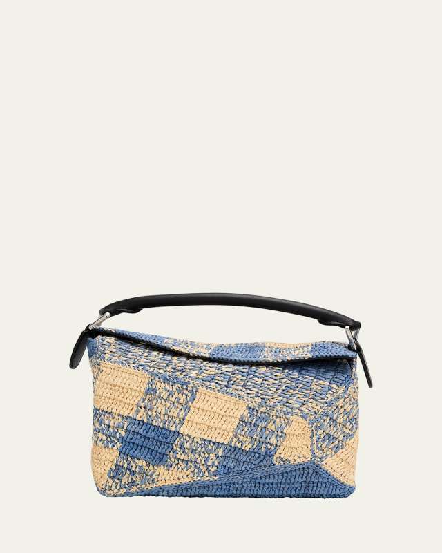 x Paula's Ibiza Small Puzzle Edge Shoulder Bag in Gingham Raffia